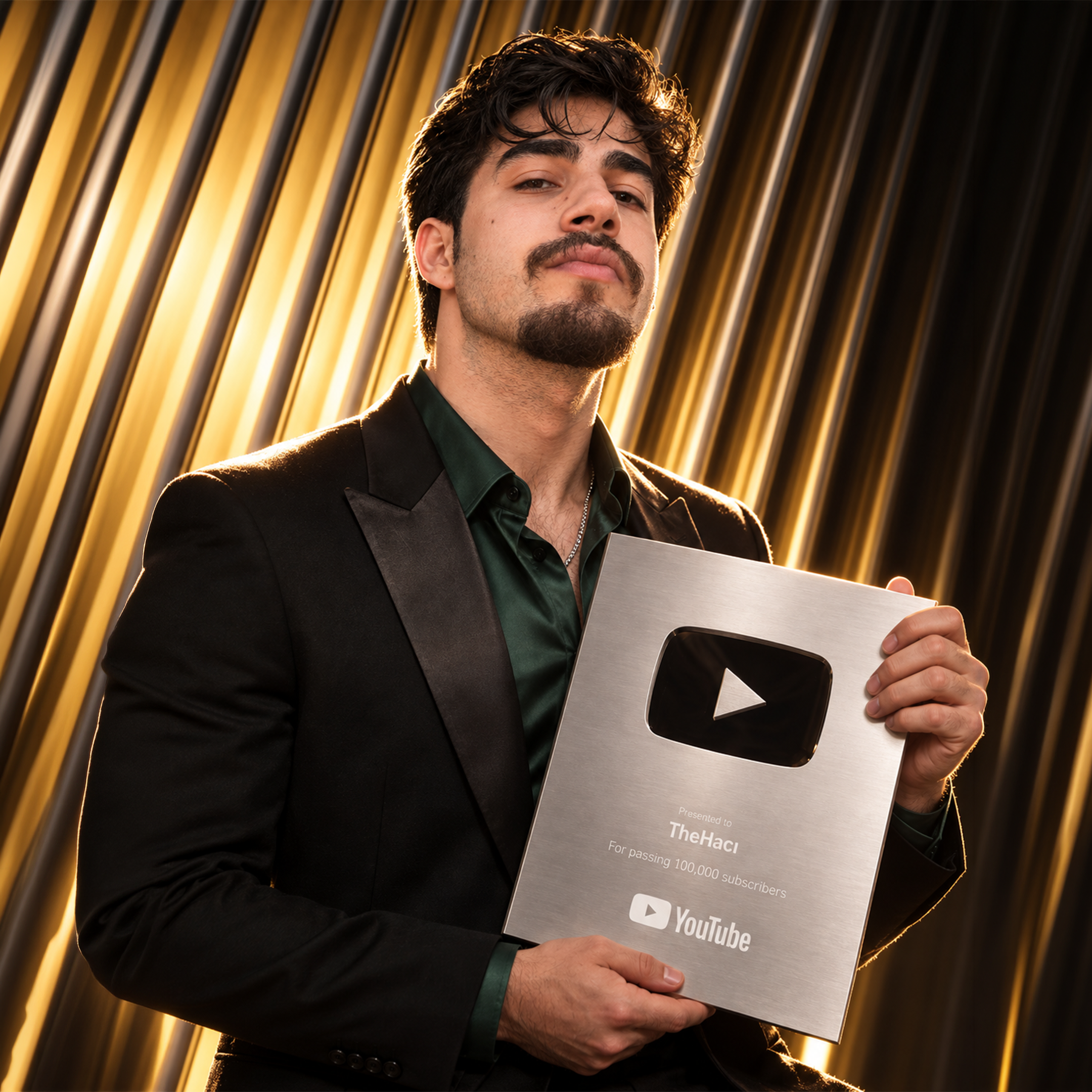 Hacı Enes Beşdaş takım elbiseyle YouTube 100 bin abone plaketini tutarken
